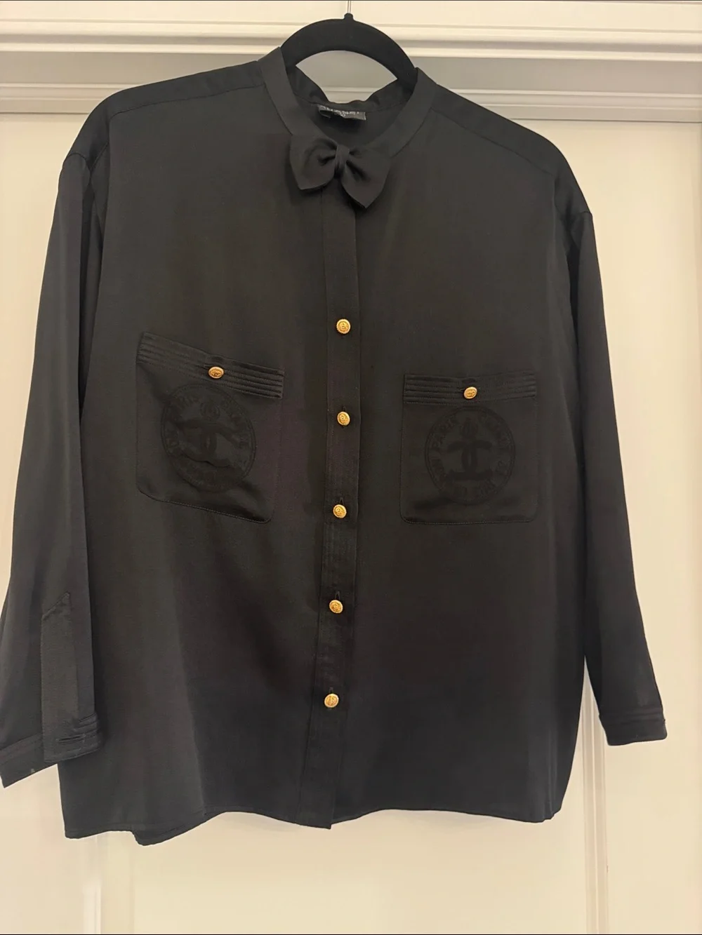 CHANEL Black Silk Bow-Collar Blouse with Gold CC Buttons